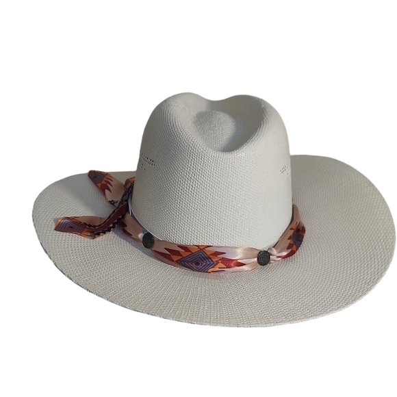 Stone Spirit Western Ivory Straw Cowgirl Hat Turquoise Concho Size M main image 12